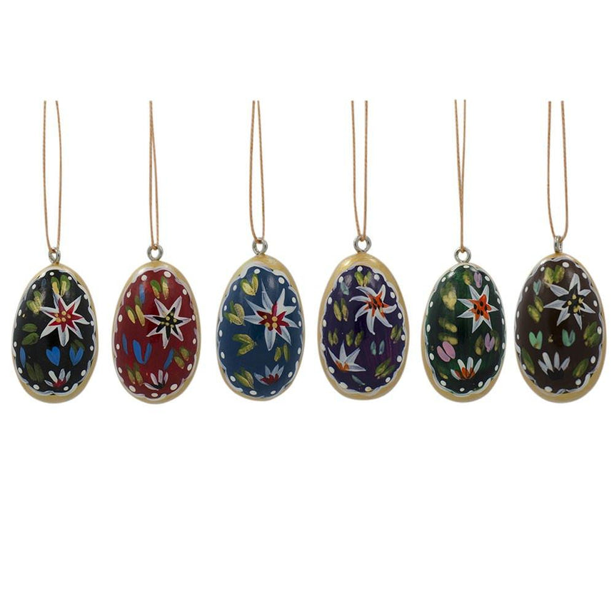 Set of 6 Flowers Wooden Egg Shape Christmas Ornaments 1.5 Inches in Multi color Oval