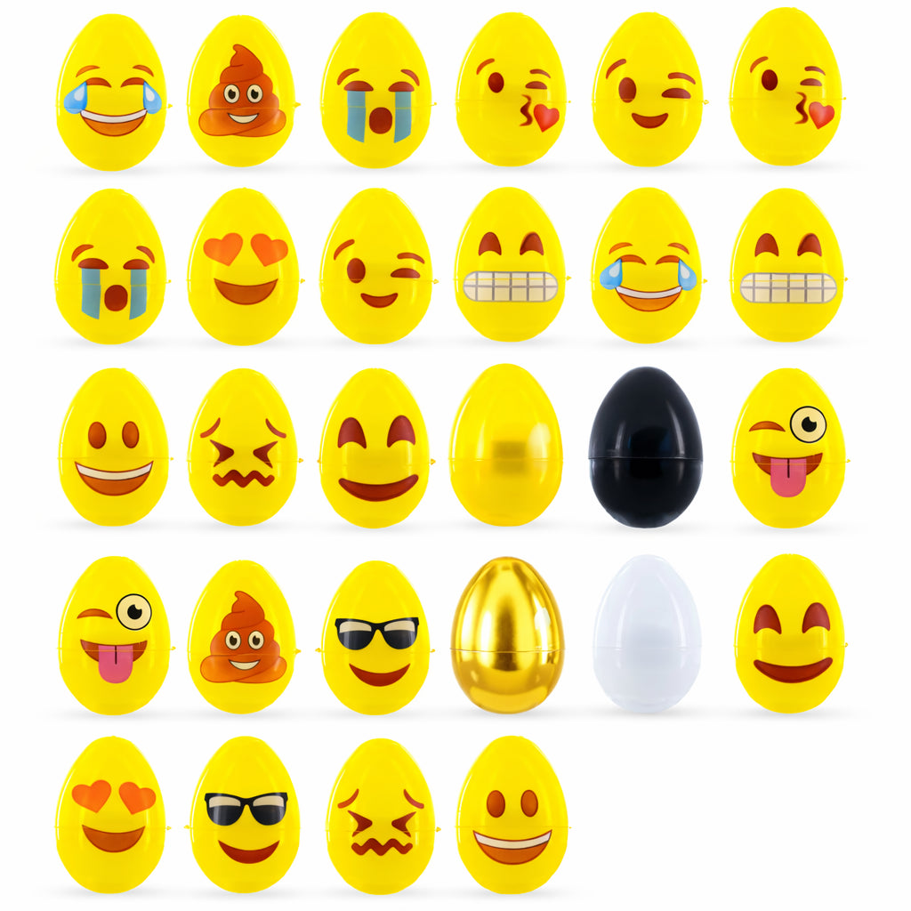 Set of 28 Easter Eggs Fillable Plastic Eggs with Emoji Faces Gold White Black for Egg Hunt in Yellow color Oval