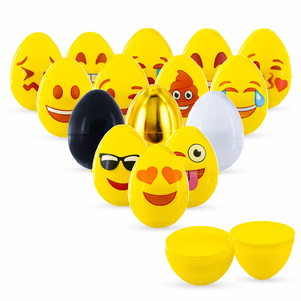 Set of 28 Easter Eggs Fillable Plastic Eggs with Emoji Faces Gold White Black for Egg HuntChina , dimensions in inches: 2.25 x 1.5 x 1.5