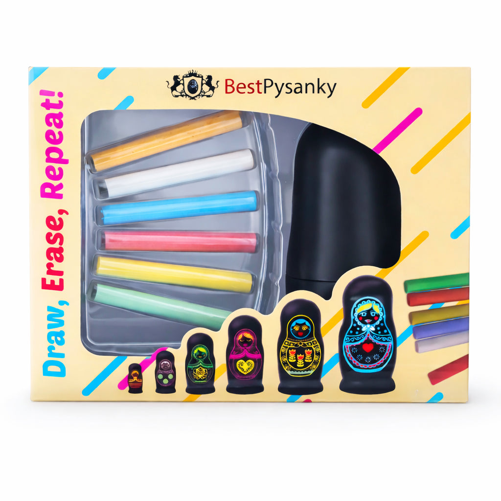 Set of 6 Reusable Chalkboard Matryoshka Nesting Figurines Set with Chalk Creative DIY Drawing Gift SetChina , dimensions in inches: 4.5 x 3 x