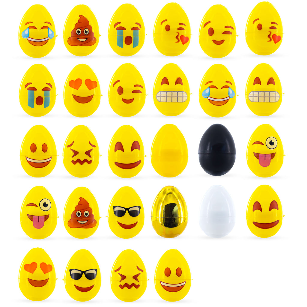 Set of 24 Facial Expressions Eggs + 1 Gold, 1 Black, 1 White & 1 Yellow Plastic Easter Eggs in Yellow color Oval