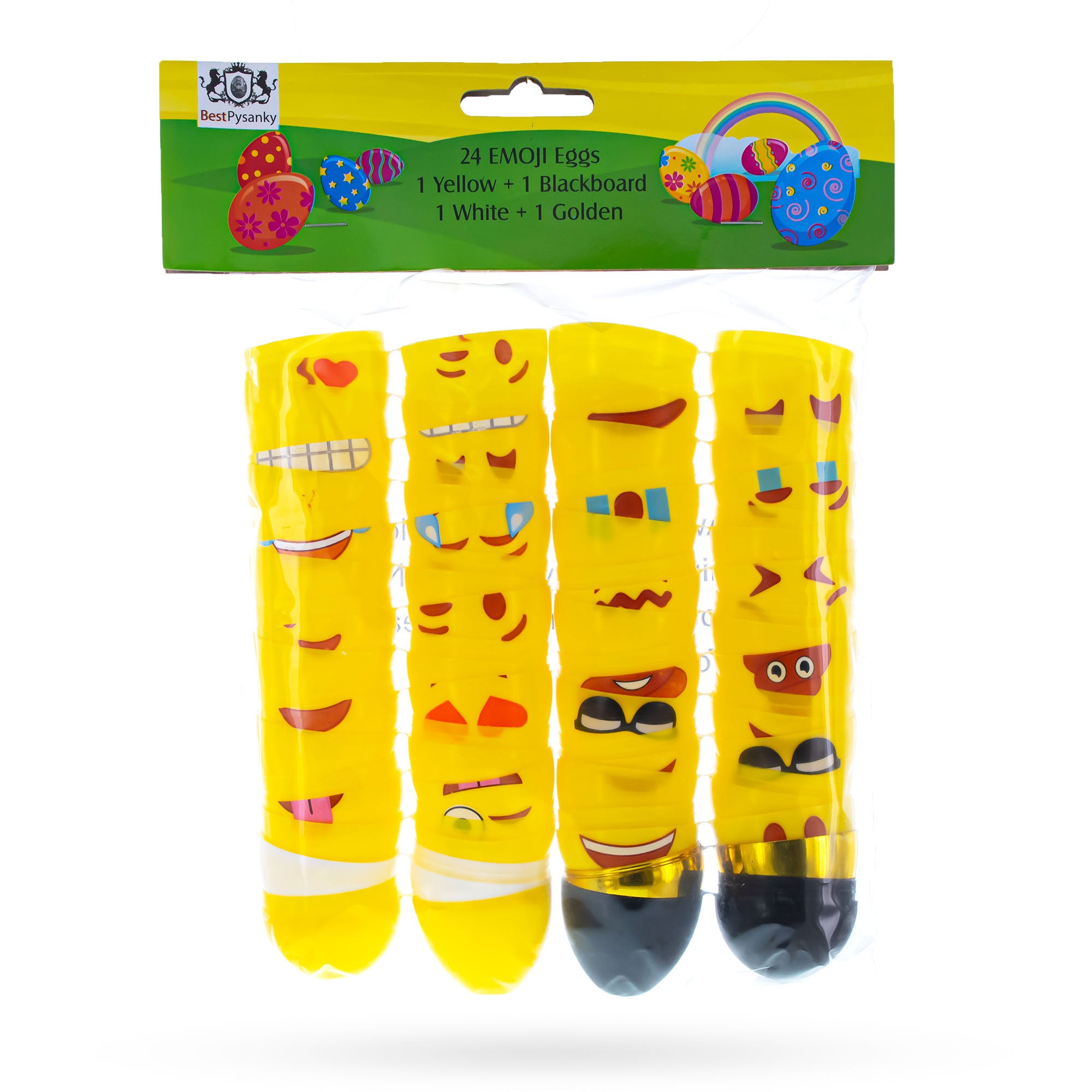Set of 24 Facial Expressions Eggs + 1 Gold, 1 Black, 1 White & 1 Yellow Plastic Easter EggsChina , dimensions in inches: 2.25 x 1.5 x 1.5