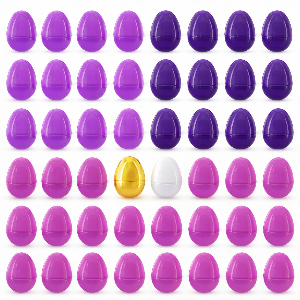 Set of 46 Purple Plastic Eggs, 1 White Egg + 1 Golden Easter Egg in Purple color Oval
