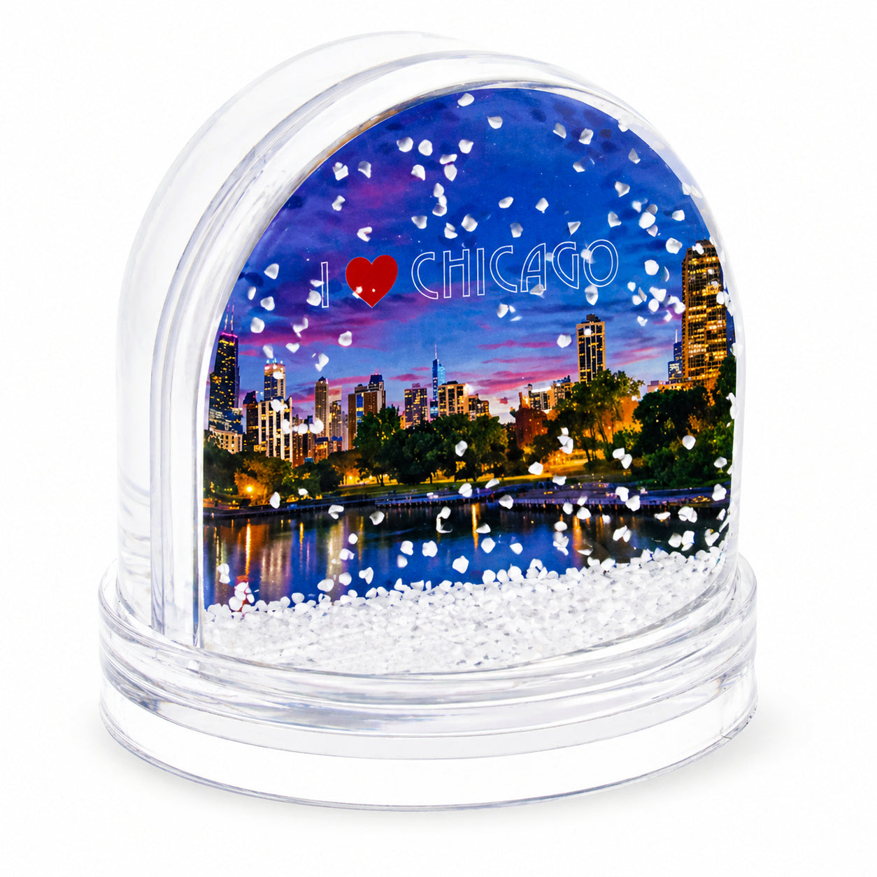 Chicago Clear Acrylic Plastic Snow Water Globe Picture FrameChina , dimensions in inches: 3.3 x 3.3 x 3.3