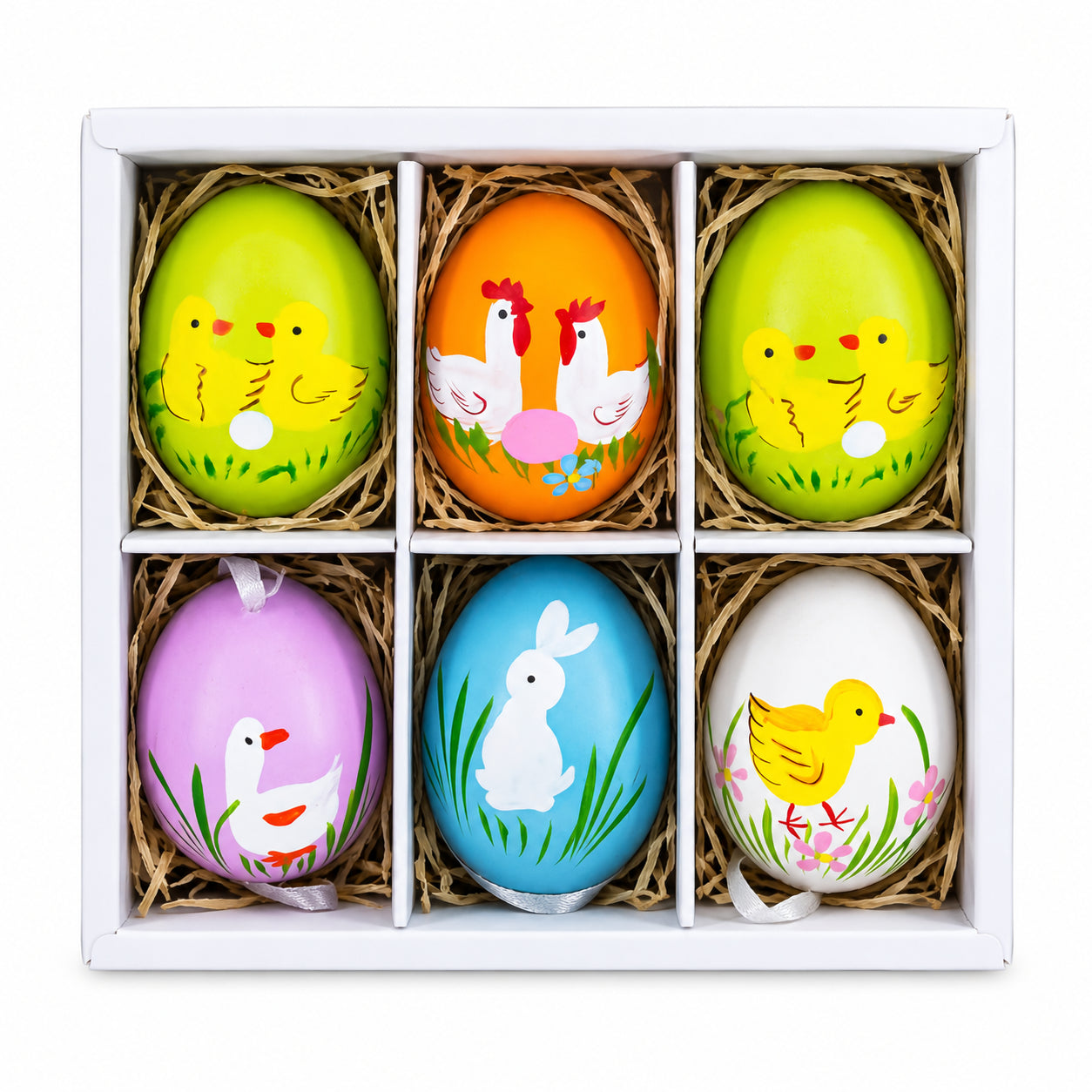 Set of 6 Real Eggshell Bunny and Friends Easter Egg Ornaments in Multi color Oval
