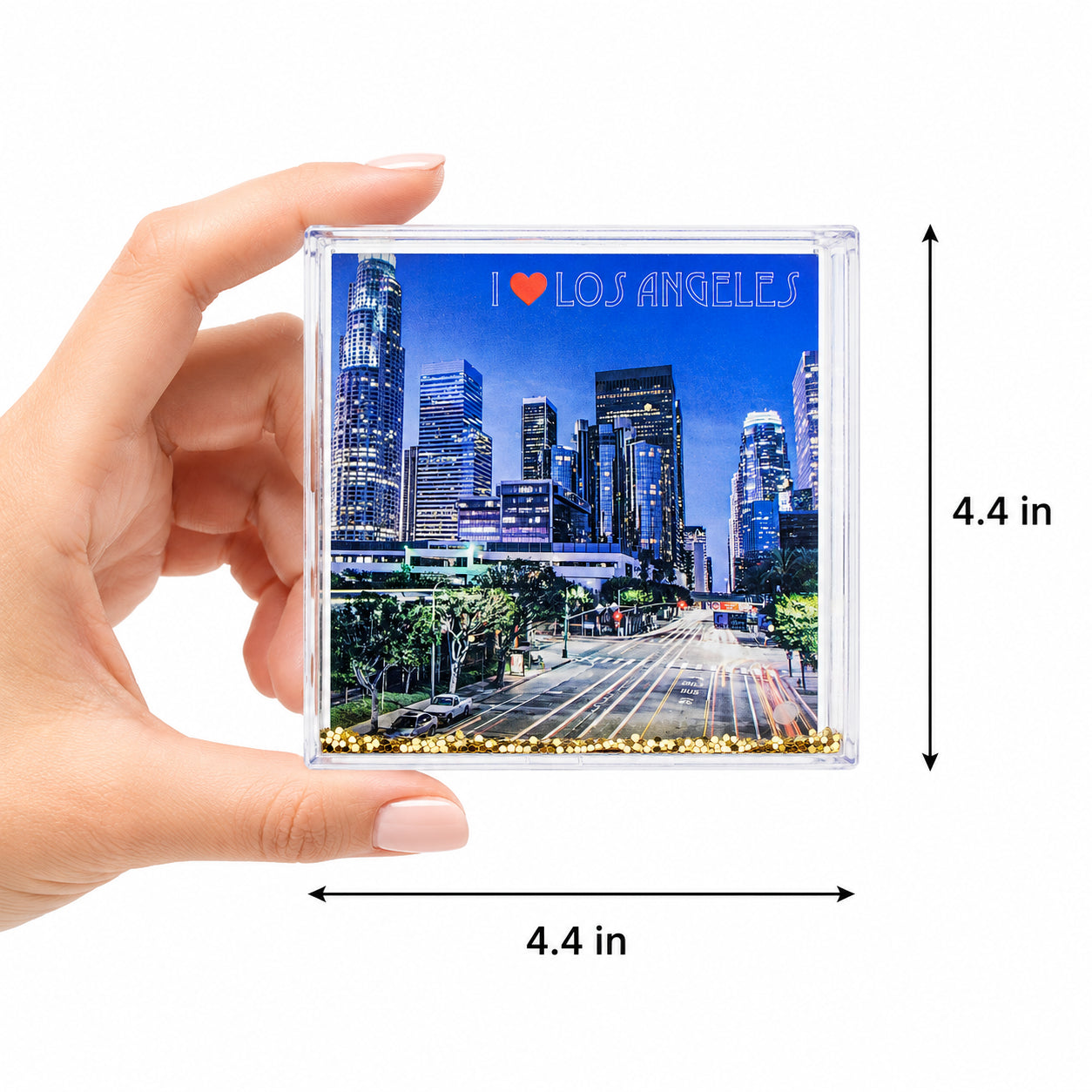 BestPysanky online gift shop sells California souvenir photo holder city skyline desk decor travel keepsake gold glitter shaker vacation memory personalized gift acrylic frame office shelf display