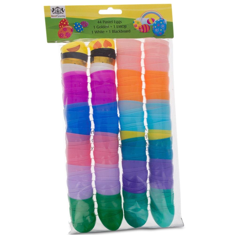 Set of 48 Plastic Easter Eggs - Pastel, Gold, White, Black, with Facial Expressions 2.25 InchesChina , dimensions in inches: 2.25 x 1.5 x 1.5