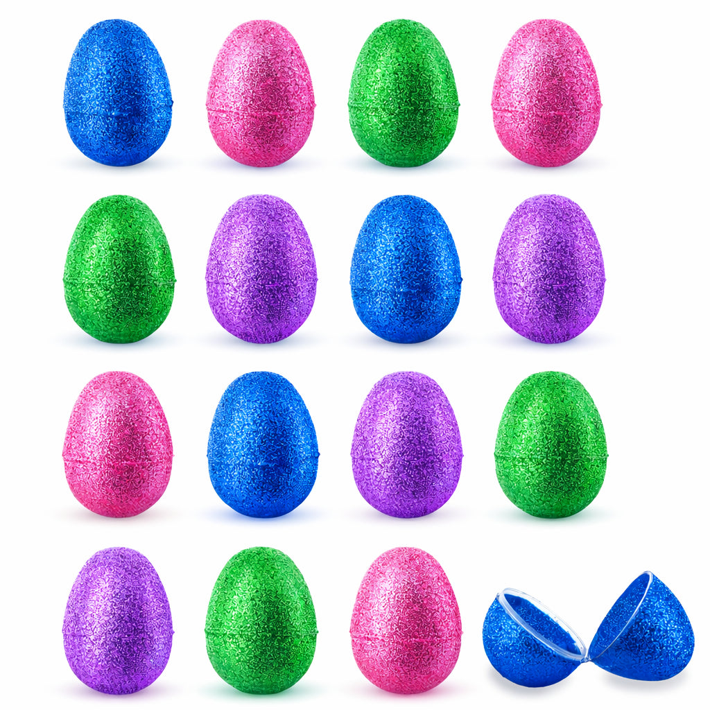 Set of 16 Shiny Glittered Multicolored Plastic Easter Eggs, 2.3 Inches in Multi color Oval