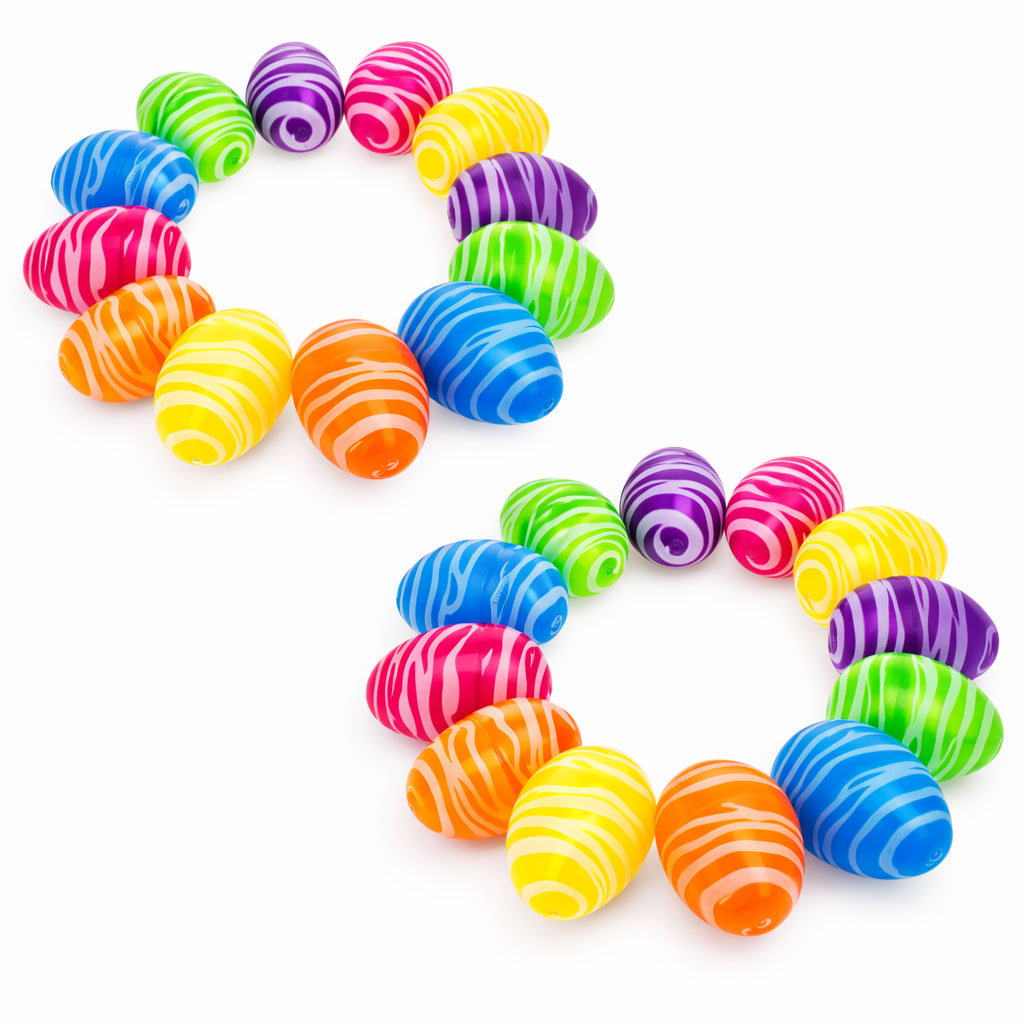Set of 24 Colorful Zebra Print Fillable Plastic Easter Eggs 2.25 InchesChina , dimensions in inches: 2.25 x 1.7 x 1.7