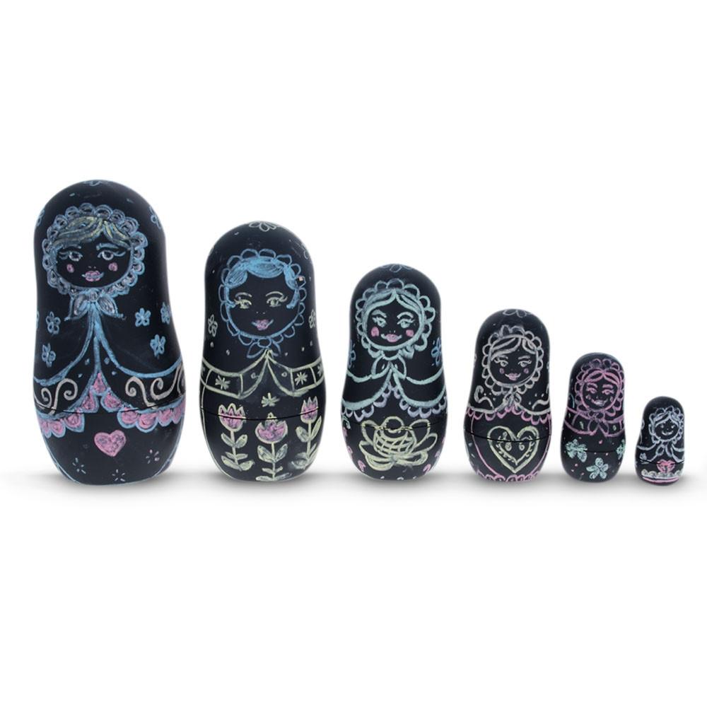 Set of Six Blackboard Plastic Nesting Dolls with Chalks DIY Craft ,dimensions in inches: 4.5 x 4.5 x