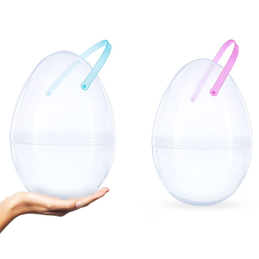 Set of 2 Transparent Jumbo Large Size Plastic Easter Eggs with Handles 10 Inches in Clear color Oval