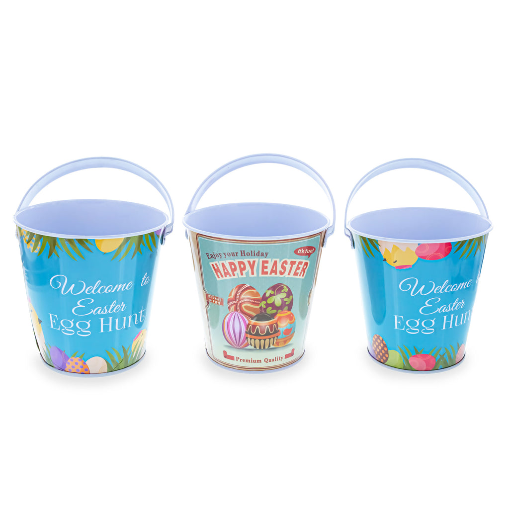 Set of 3 Easter Egg Hunt Buckets Metal Tin Pails with Handles for Kids Candy Gifts and Decor in Multi color