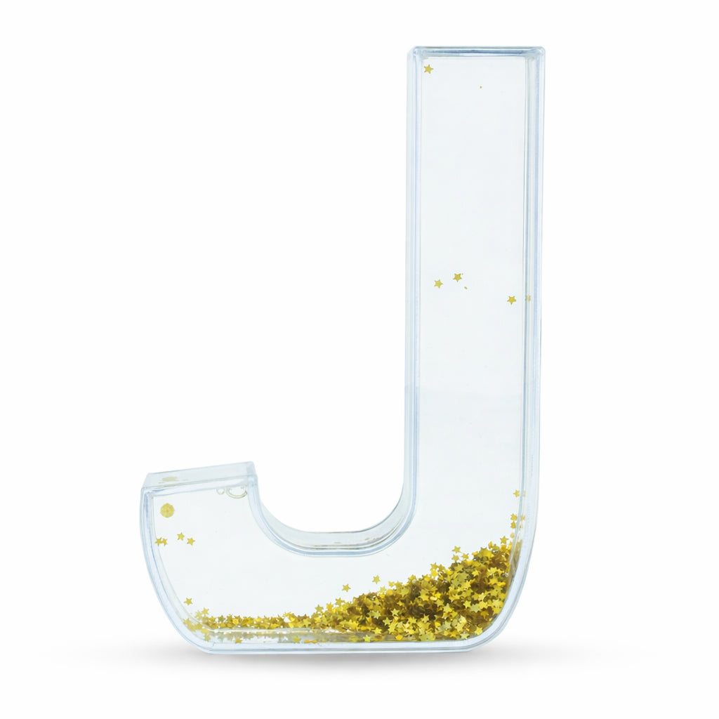Letter J Glitter-Filled Acrylic Snow Globe in Clear color