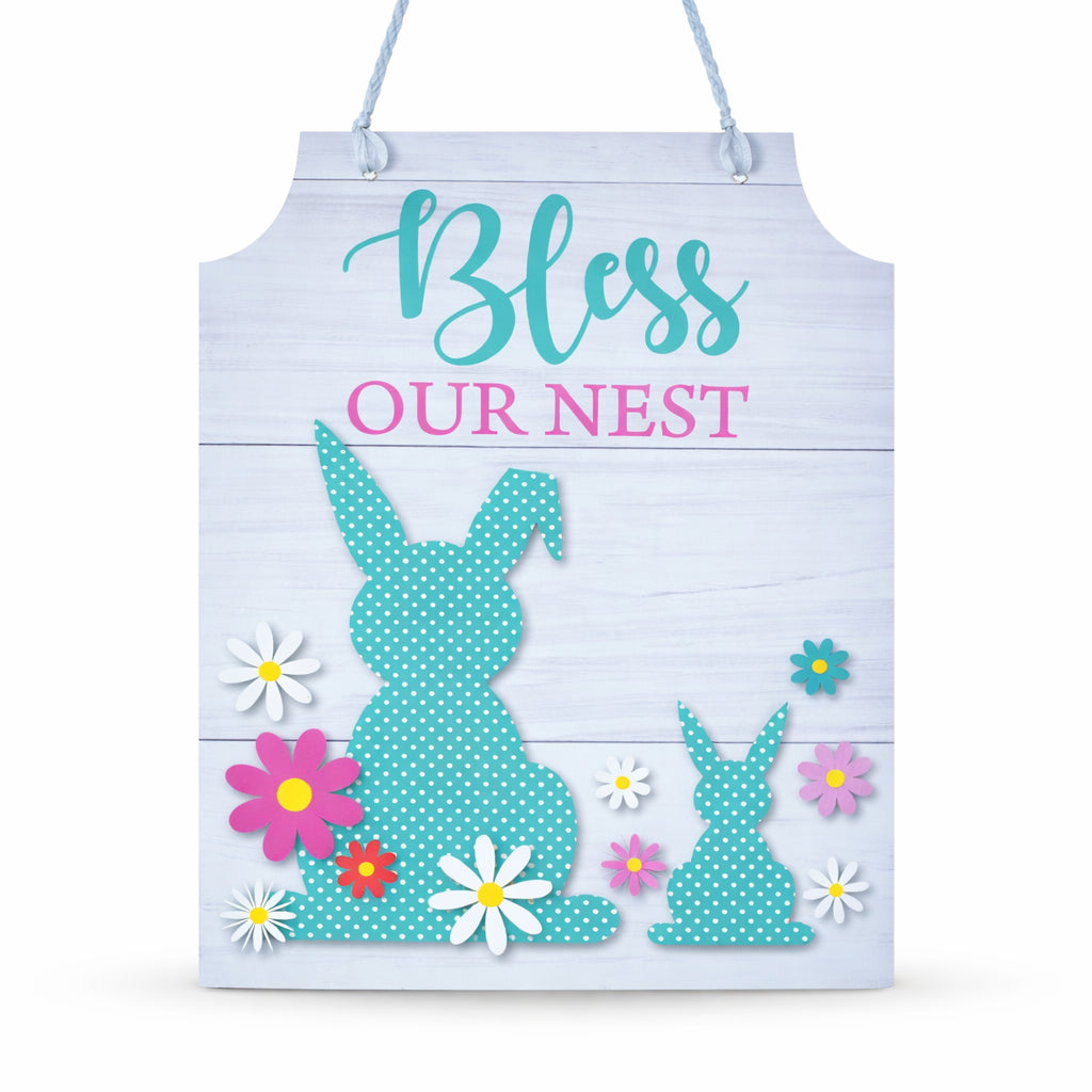 Easter Bunny Hanging Wall Sign With Pastel Florals Decor 11.5 Inches Tall in Multi color