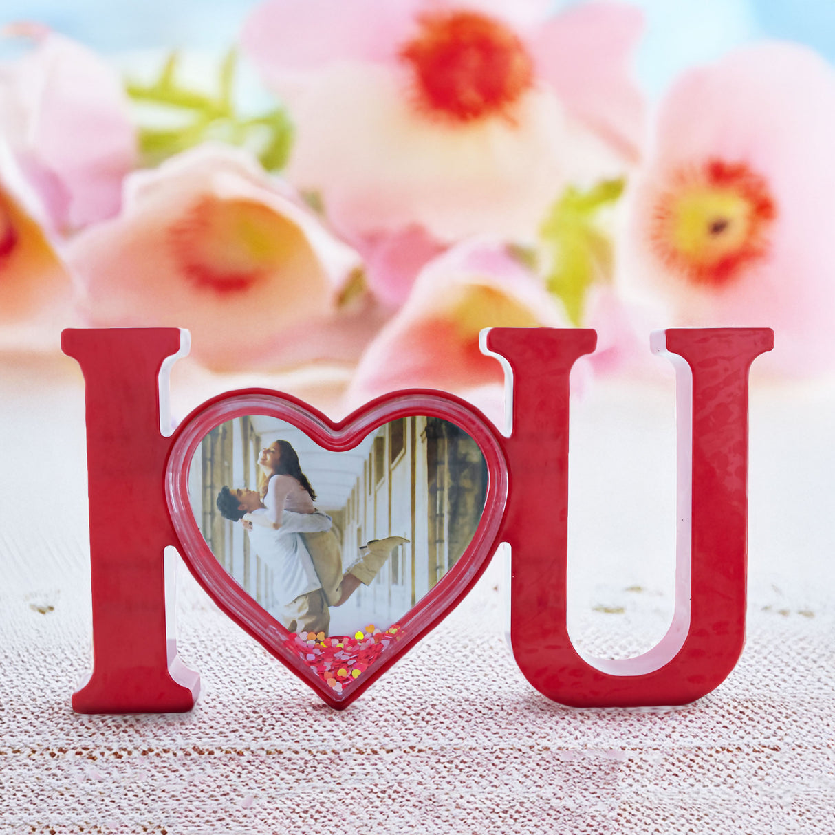 "I Love You" White Plastic Picture Water Frame with LED Light in Red color,  shape