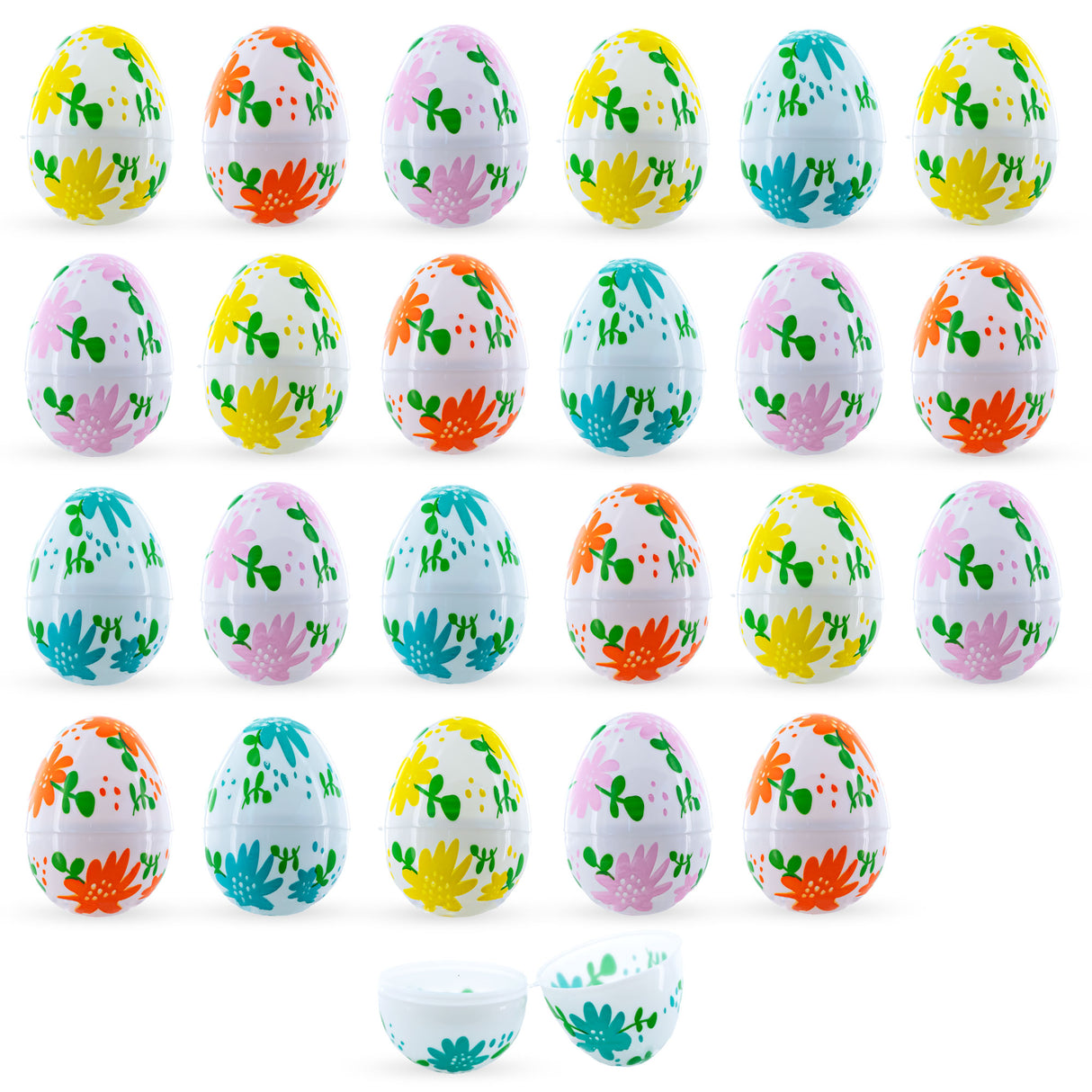 Plastic Whimsical Blooms: Set of 24 Flowers on White Plastic Easter Eggs, 2.25 Inches Each in Multi color Oval