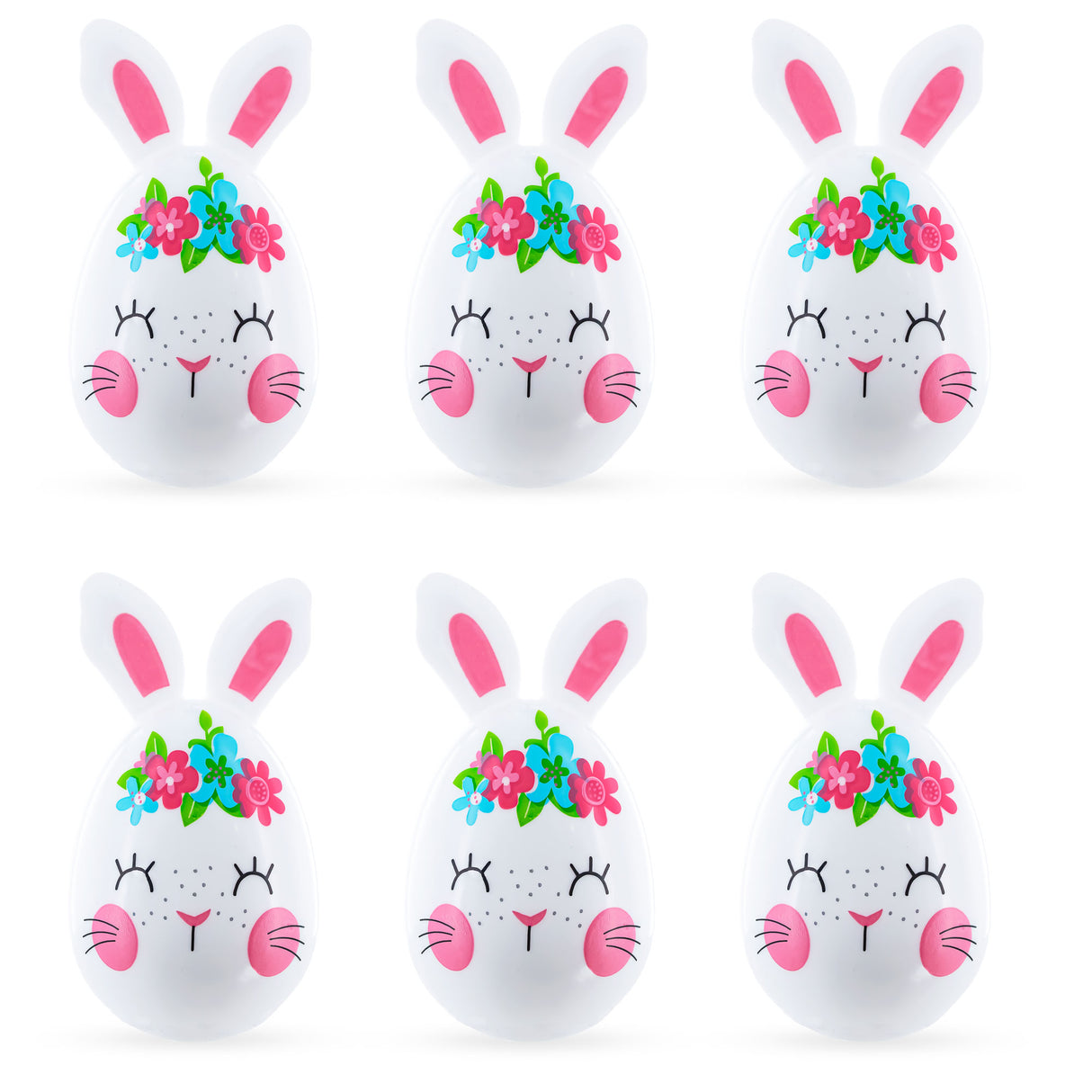 Bunny Blooms: Set of 6 Bunny with Flowers Plastic Easter Eggs in White color,  shape