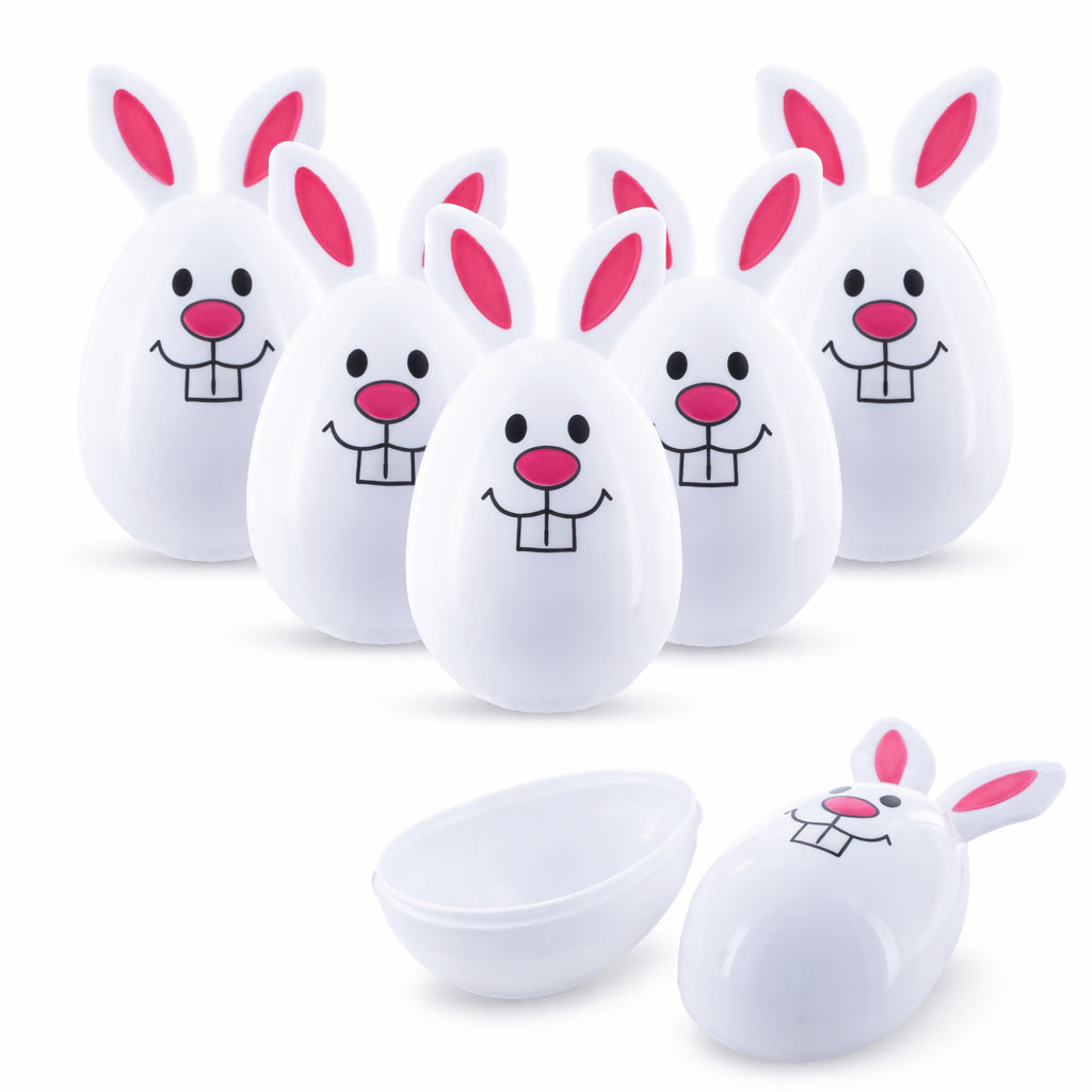Set of 6 Bunny Plastic Fillable Easter EggsChina , dimensions in inches: 3.25 x 1.75 x 1.75