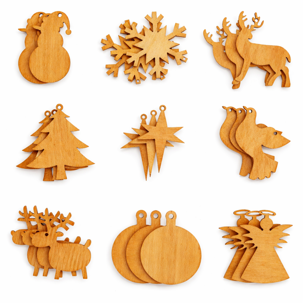 Set of 27 Wooden Ornament Cutouts DIY Unfinished Wood Shapes for Christmas Crafts and Decorations in Beige color