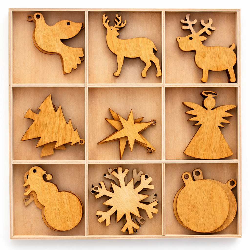 Set of 27 Wooden Ornament Cutouts DIY Unfinished Wood Shapes for Christmas Crafts and DecorationsChina , dimensions in inches: 1.93 x 1.6 x 0.06
