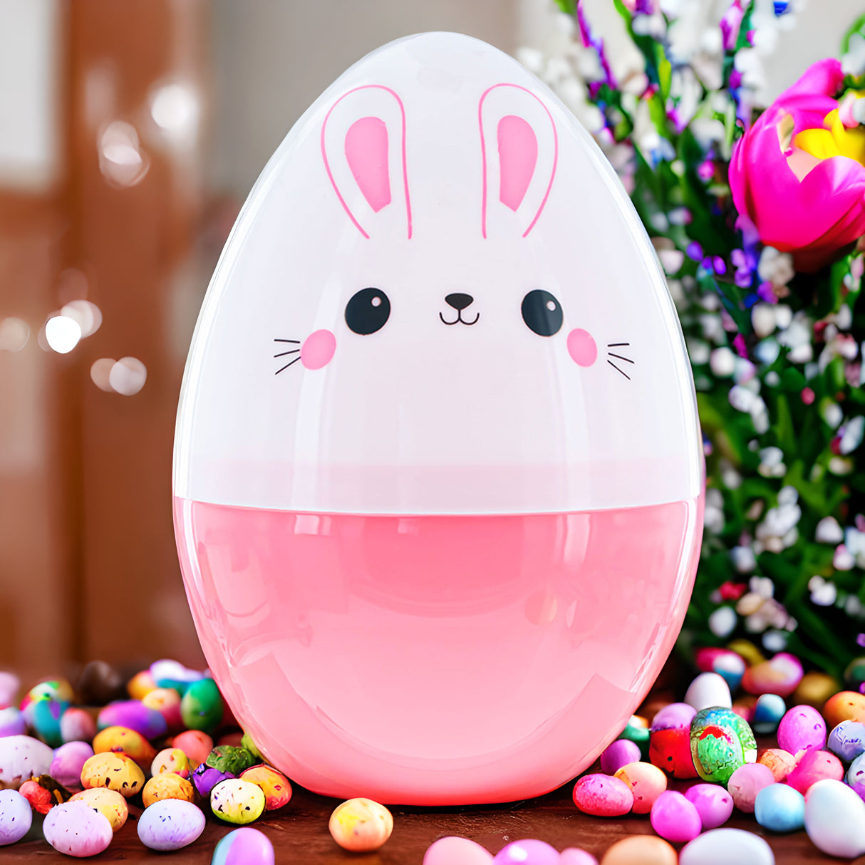 Large Bunny Giant Jumbo Size White and Pink Plastic Easter Egg 10 Inches in Multi color, Oval shape