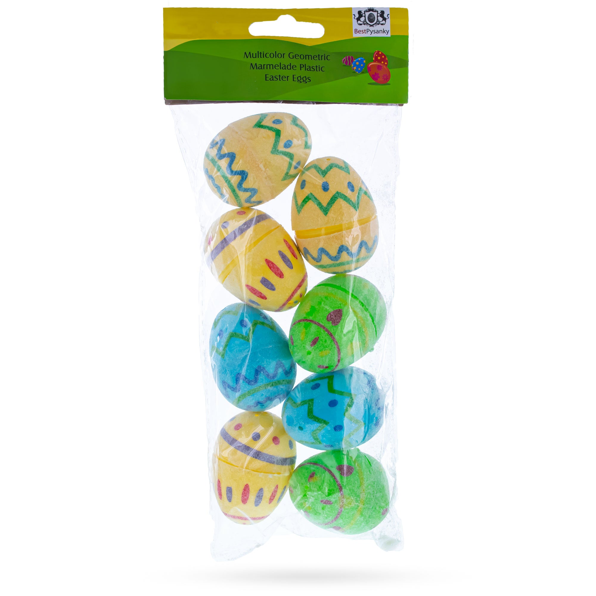 Set of 8 Sugar Coated Geometric Plastic Easter Eggs Hinged Reusable Egg Hunt Set 2.25 InchesChina , dimensions in inches: 2.25 x  x 1.75