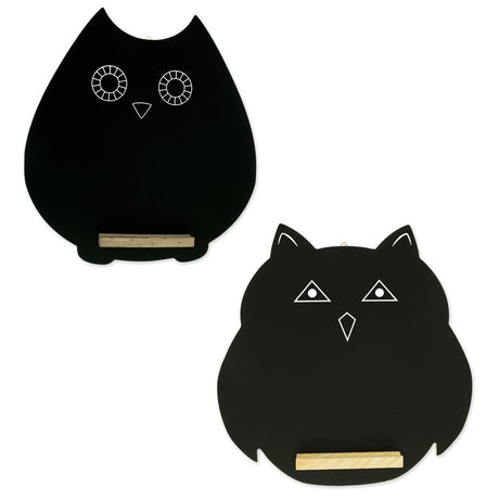 Wood Whimsical Owls: Set of 2 Owl-Shaped Chalkboards Blackboards for Erasable Hanging Signs and Displays in Black color