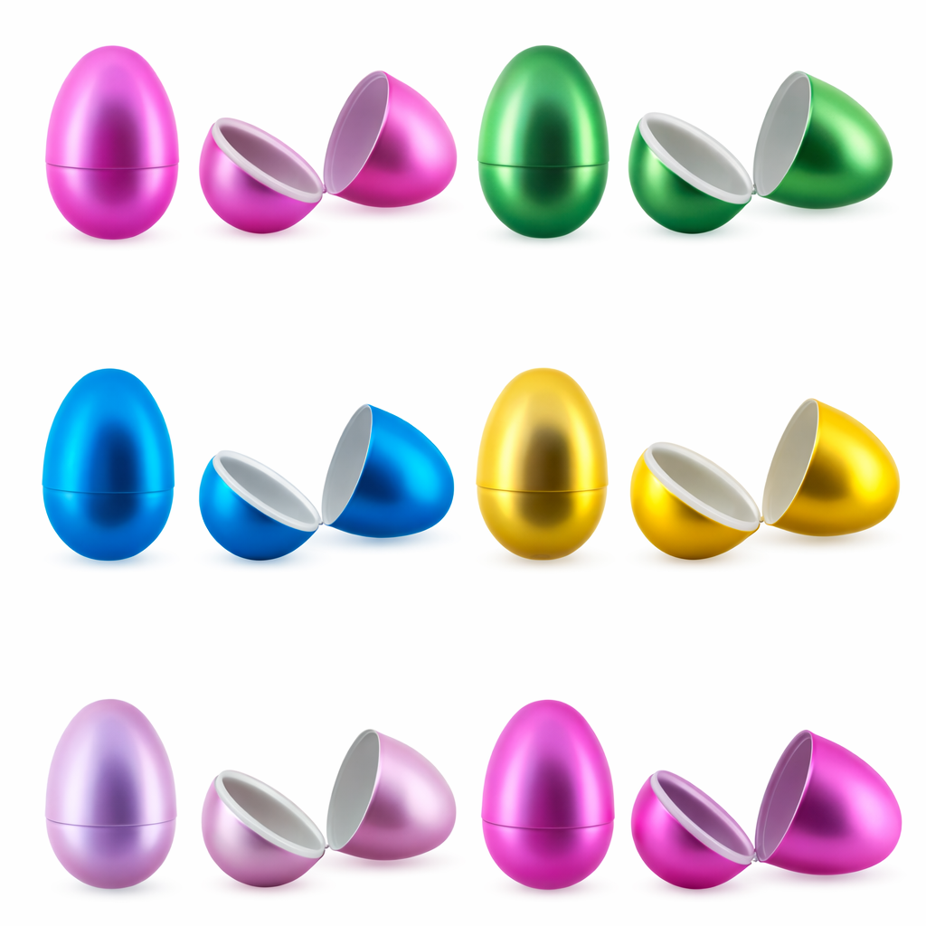 Set of 6 Large Matte Metallic Easter Eggs Fillable Plastic Hinged Eggs Premium Egg Hunt Set 3.15 InchesChina , dimensions in inches: 3.15 x  x 2