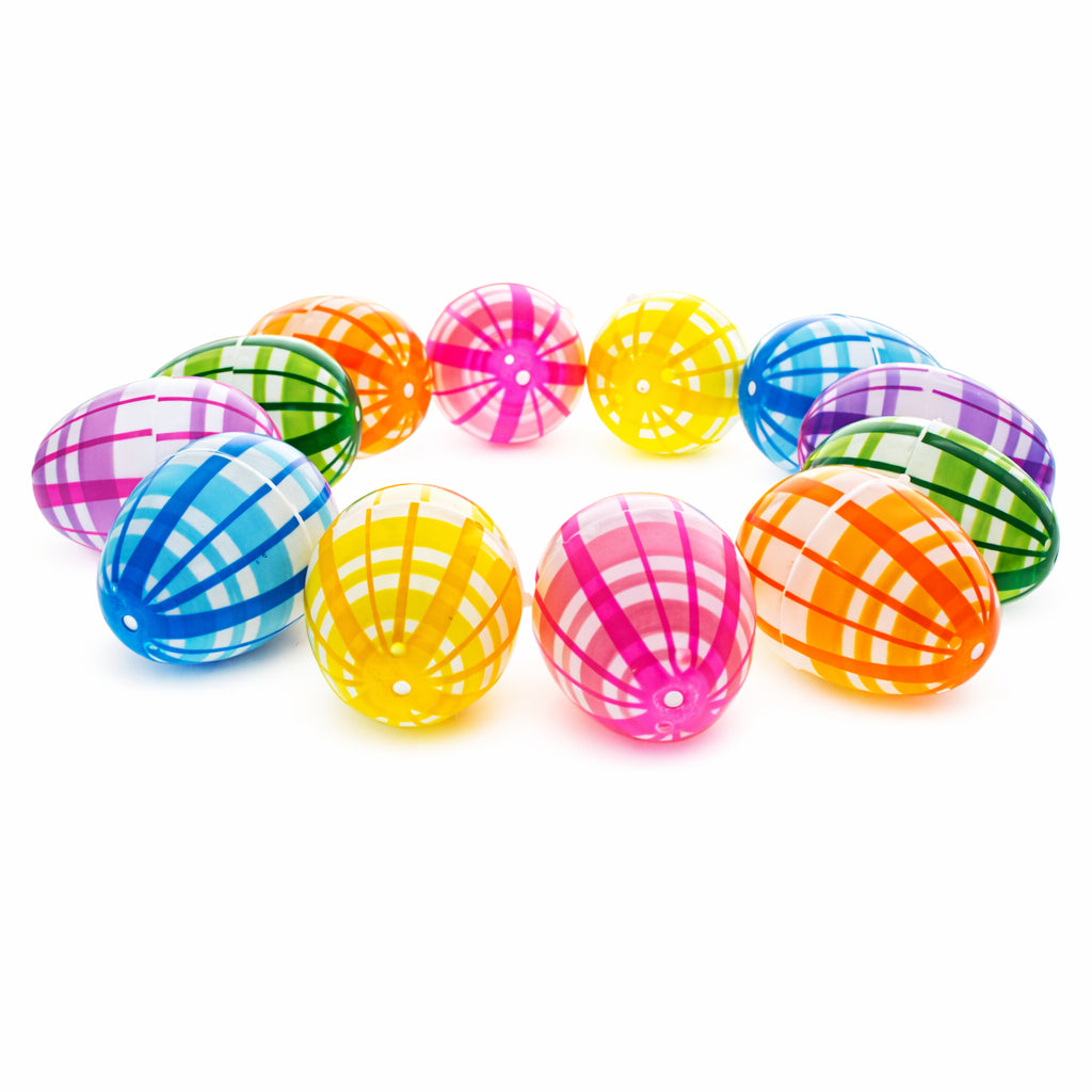 Set of 12 Fillable Easter Eggs Multicolor Plaid Plastic Hinged Eggs 2.25 InchesChina , dimensions in inches: 2.25 x  x 1.5