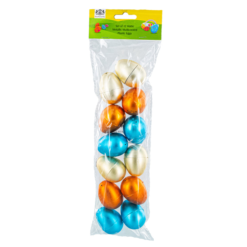 Set of 12 Multicolored Matte Metallic Plastic Easter Eggs 2.25 Inches , dimensions in inches: 2.25 x 1.5 x 1.5