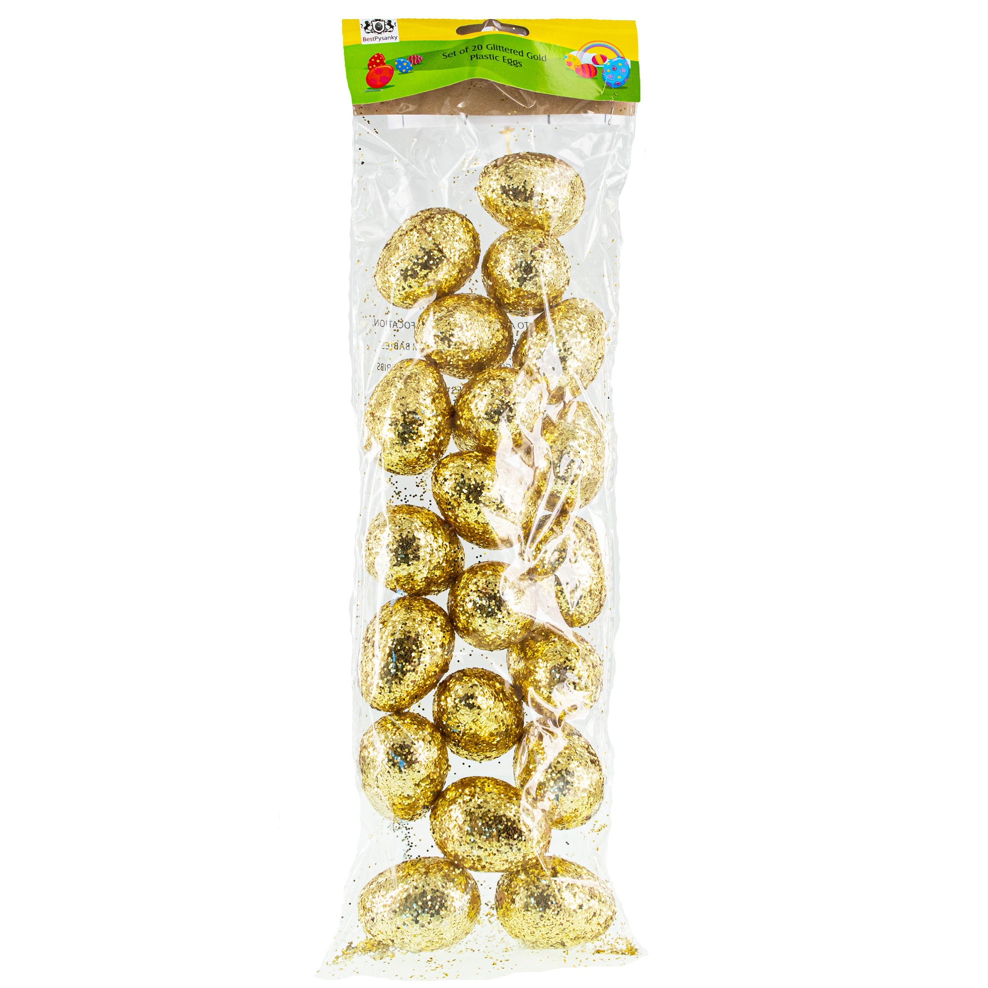 Set of 20 Gold Glittered Fillable Plastic Easter Eggs 2.25 InchesChina , dimensions in inches: 2.25 x 1.65 x 1.65