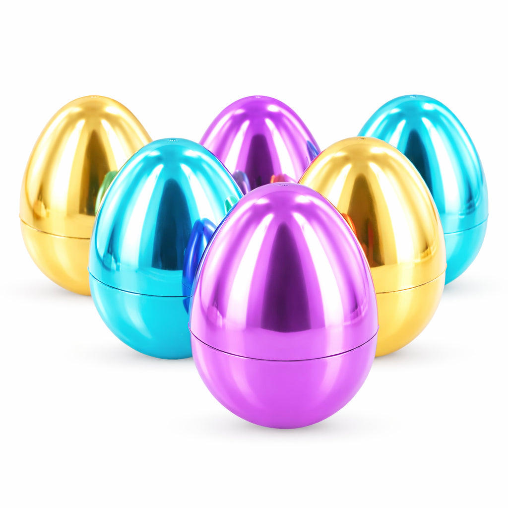 Set of 6 Large Fillable Metallic Plastic Easter Eggs 4 InchesChina , dimensions in inches: 4 x 2.95 x 2.95