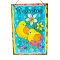 Easter Chick Decorative Wall Sign Spring Welcome Hanging Plaque with Floral Design 10 Inches in Multi color Rectangular