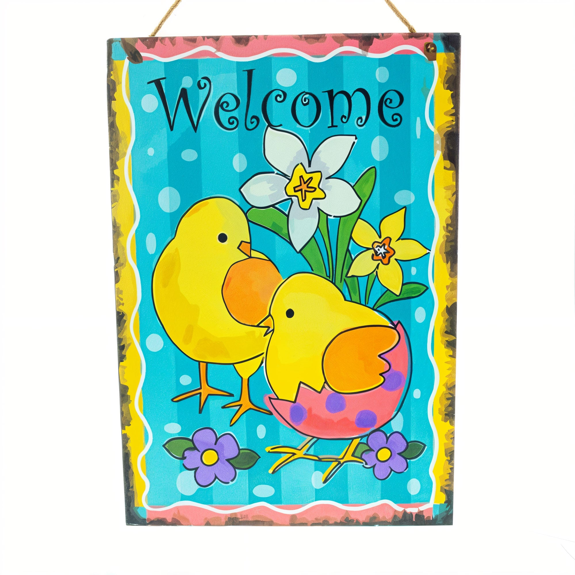 Easter Chicks Spring Welcome Decorative Plaque Wall Sign 10 Inches in Multi color Rectangular