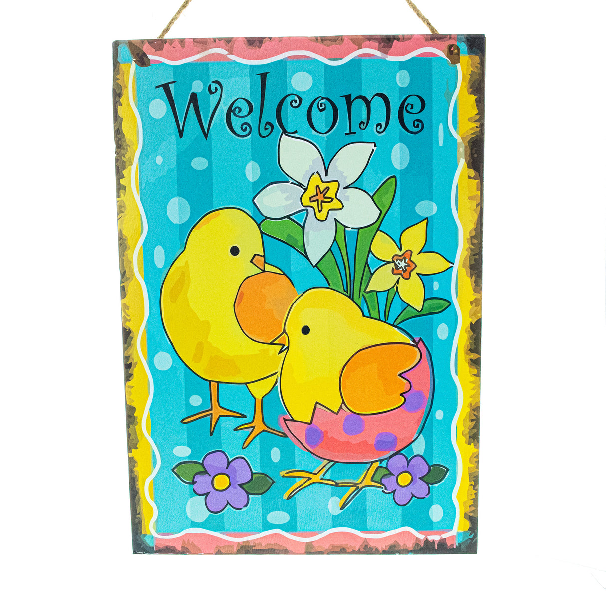 Wood Easter Chicks Spring Welcome Decorative Plaque Wall Sign 10 Inches in Multi color Rectangle
