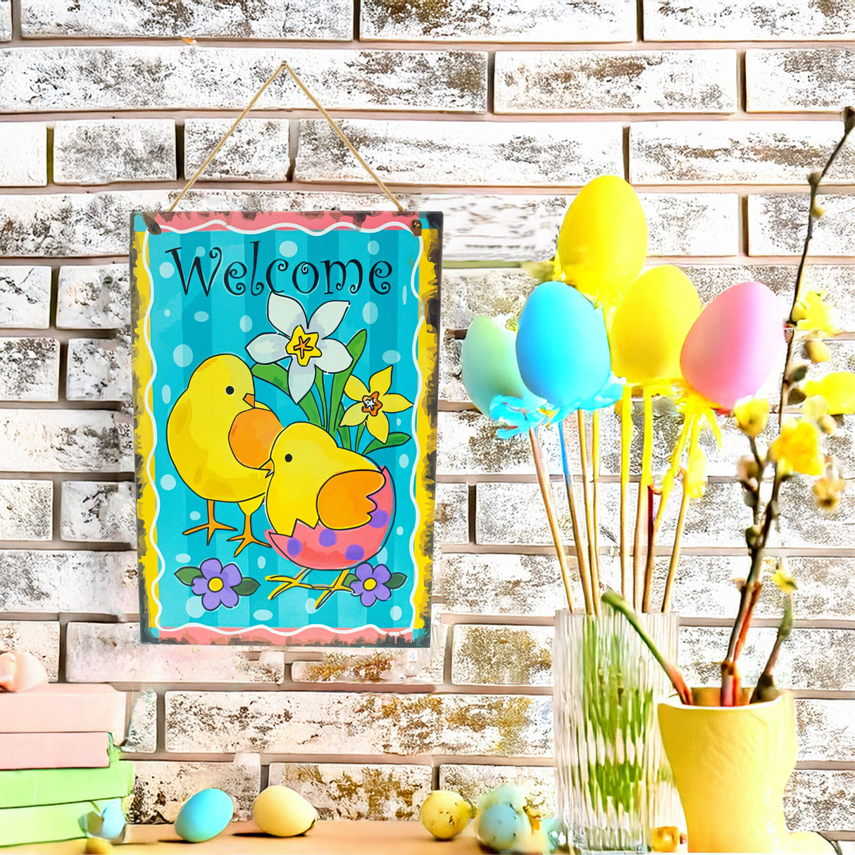 Wood Easter Chicks Spring Welcome Decorative Plaque Wall Sign 10 Inches in Multi color Rectangle