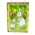 Easter Bunny Decorative Wall Sign Spring Egg Hunt Hanging Plaque with Flowers 10 Inches Tall in Multi color Rectangular