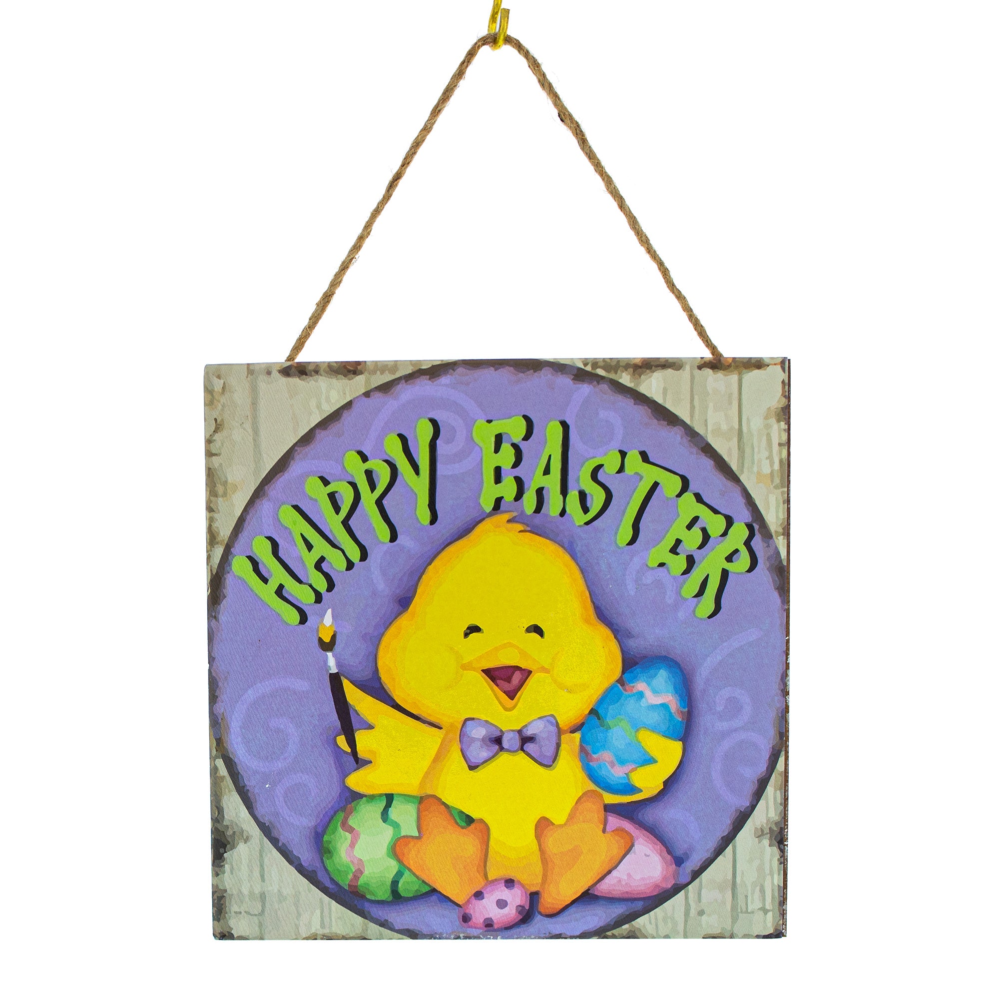 Happy Easter Chick Decorative Wall Plaque with Painted Egg Accents 10 Inches Tall in Multi color Square