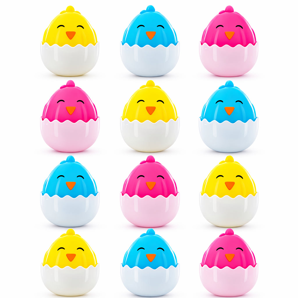 Set of 12 Easter Chick Eggs Fillable Plastic Standing Hatching Eggs Reusable Egg Hunt Set 2.25 InchesChina , dimensions in inches: 2.25 x 2.25 x