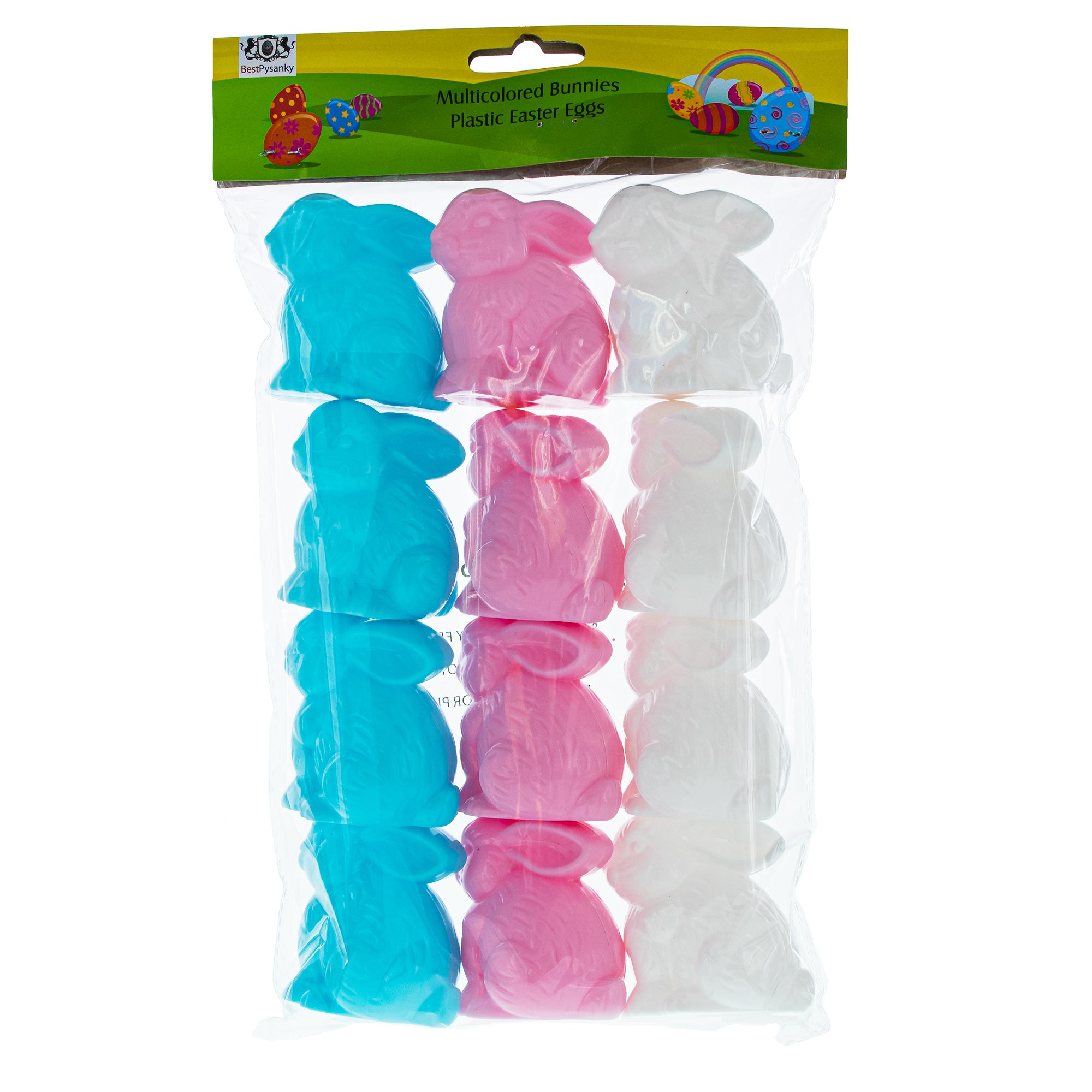 Set of 12 Multicolored Bunnies Fillable Plastic Easter EggsChina , dimensions in inches: 2.68 x 2.28 x 2.28