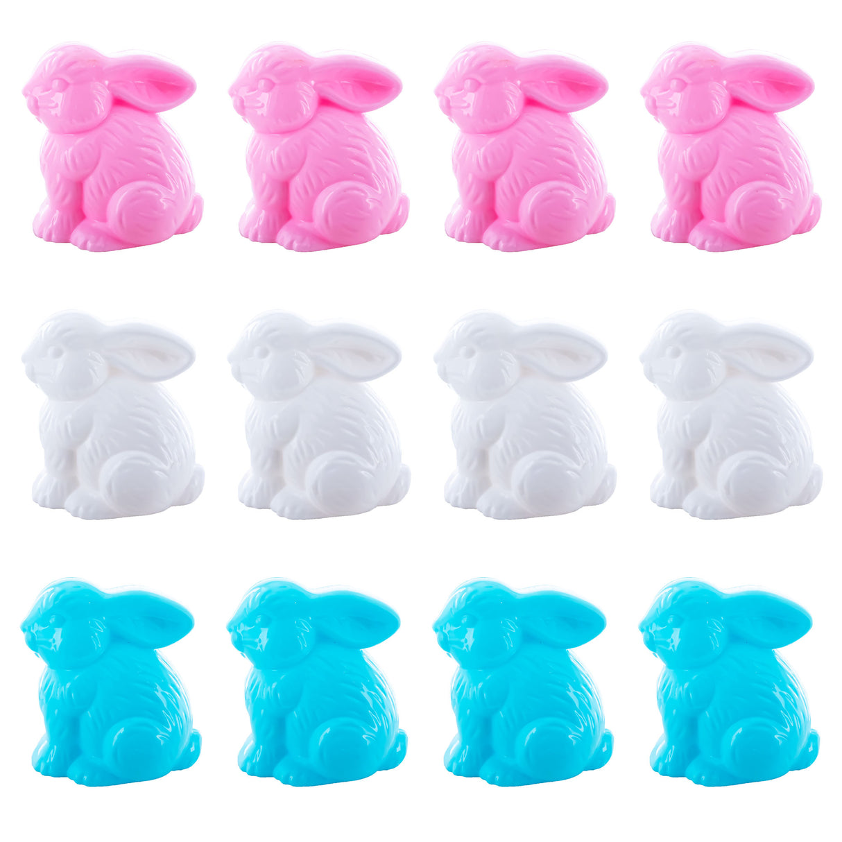 Plastic Bunny Trio: Set of 12 Blue, White, and Pink Bunnies Fillable Plastic Easter Eggs in Multi color