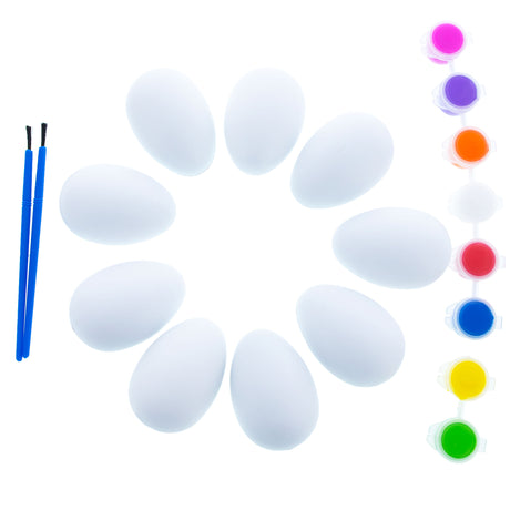 Easter Egg Decorating Kit: Set of 9 Plastic Eggs, 8 Paints and 2 Brushes in White color, Oval shape
