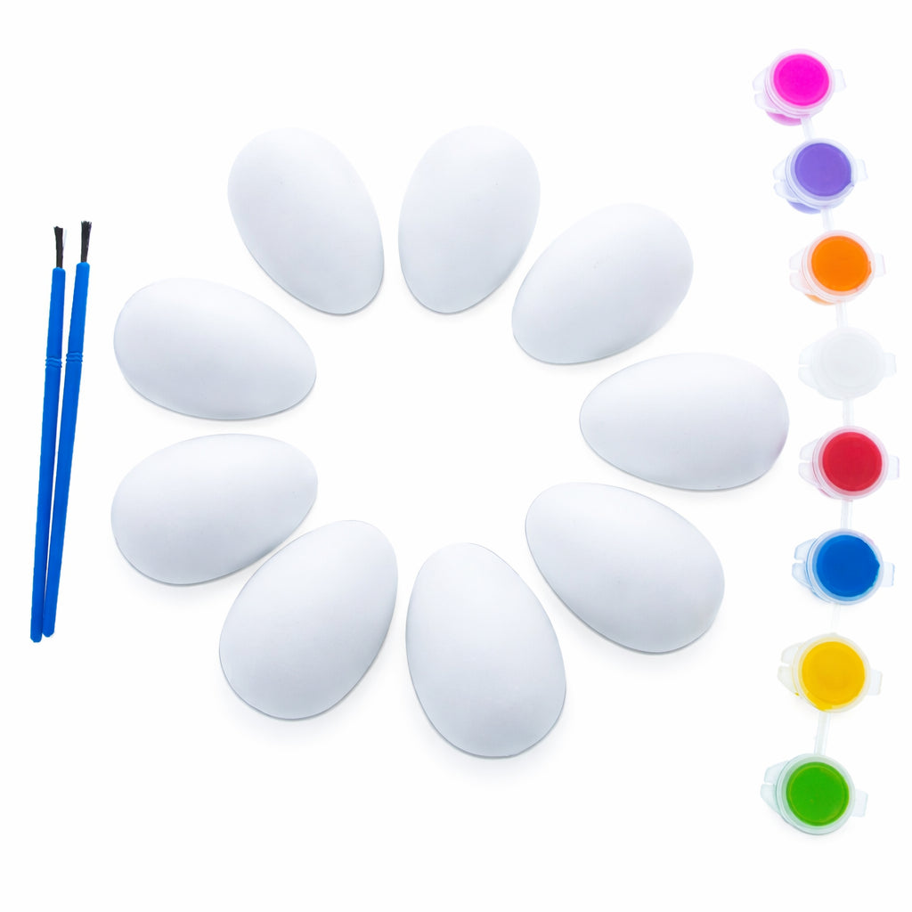 DIY Easter Egg Painting Kit – 9 Blank Plastic Eggs with 8 Paints & 2 Brushes for Decorating in White color Oval