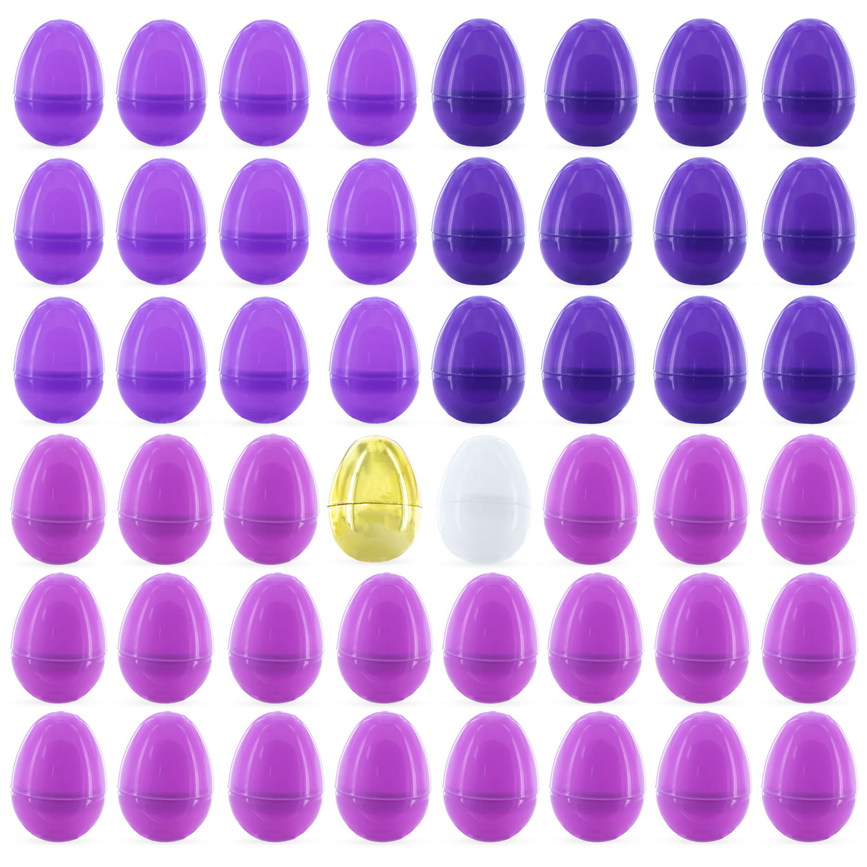 Set of 46 Purple Plastic Eggs, 1 White Egg, and 1 Gleaming Golden Easter Egg in Purple color, Oval shape