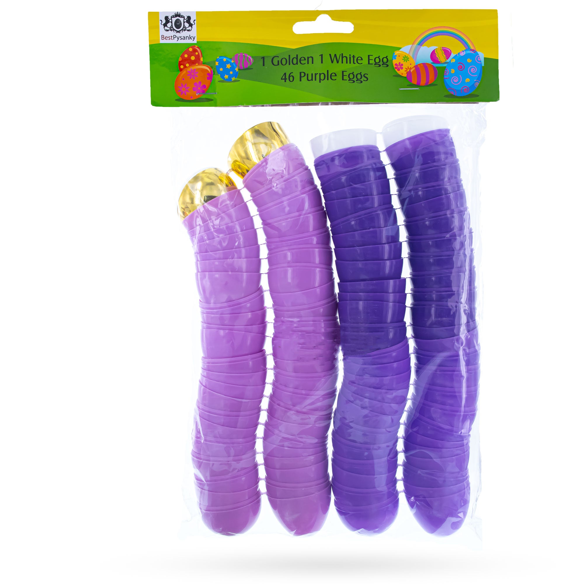 Set of 46 Purple Plastic Eggs, 1 White Egg + 1 Golden Easter EggChina , dimensions in inches: 2.25 x 1.65 x 1.65