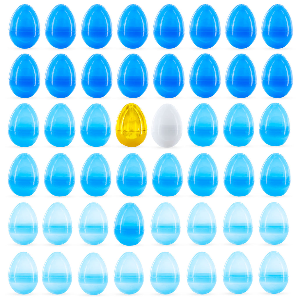 Set of 46 Blue Plastic Eggs, 1 White Egg, and 1 Gilded Golden Easter Egg in Blue color Oval