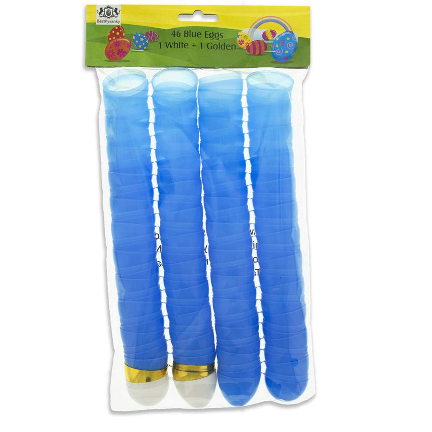 Set of 46 Blue Plastic Eggs, 1 White Egg, and 1 Gilded Golden Easter Egg , dimensions in inches: 2.25 x 1.65 x 1.65