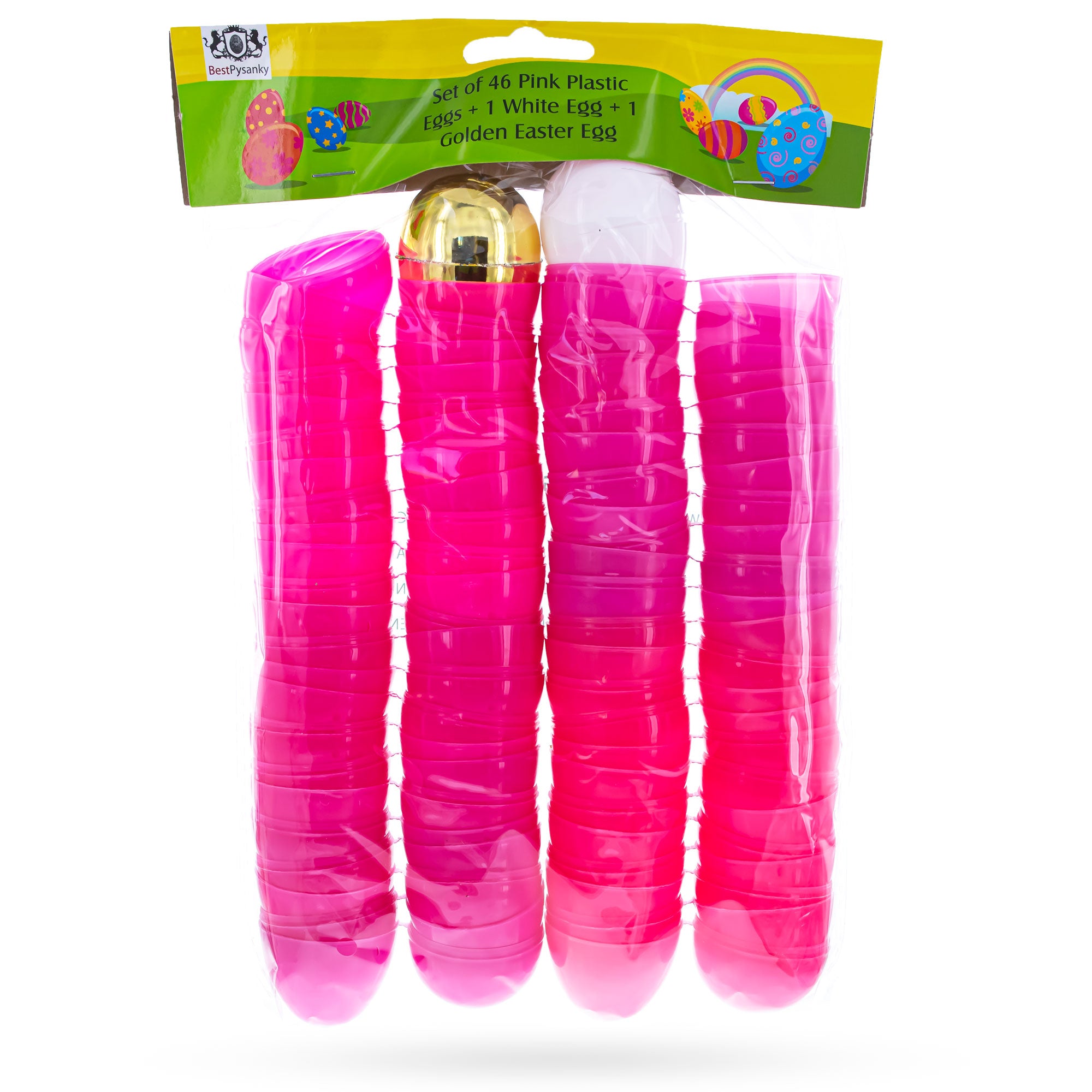 Set of 46 Pink Plastic Eggs, 1 White Egg, and 1 Gleaming Golden Easter EggChina , dimensions in inches: 2.25 x 1.65 x 1.65