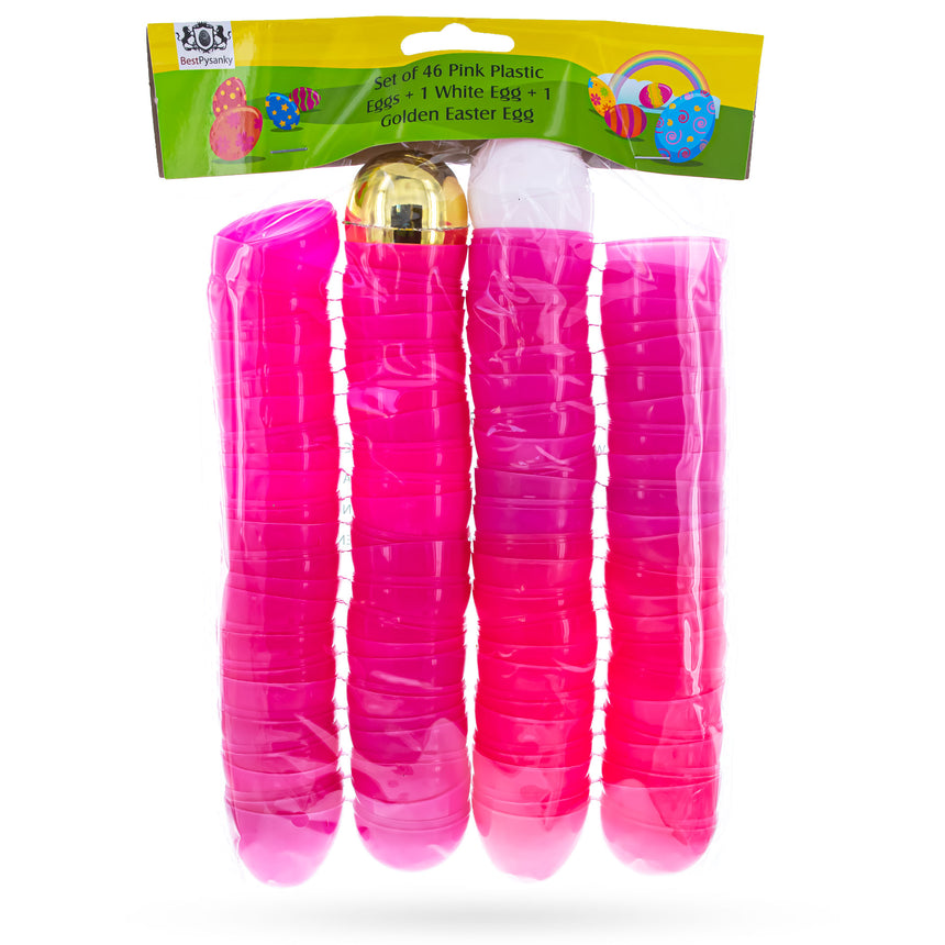 Set of 46 Pink Plastic Eggs, 1 White Egg, and 1 Gleaming Golden Easter Egg , dimensions in inches: 2.25 x 1.65 x 1.65
