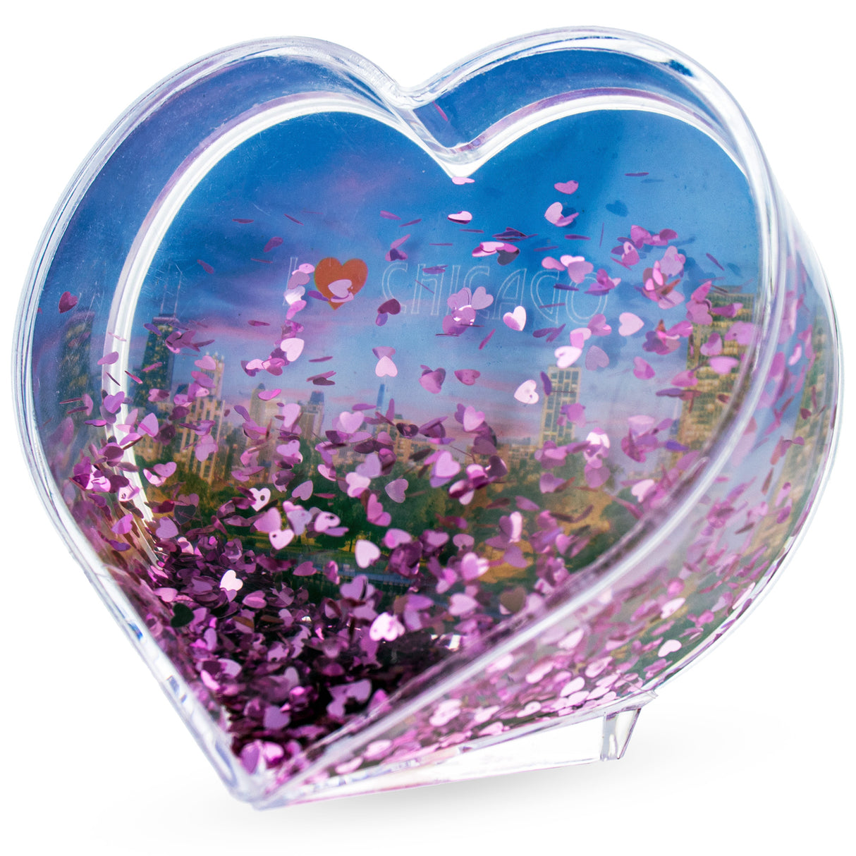 Chicago Love: Heart-Shaped Clear Acrylic Plastic Snow Globe Photo Frame in Clear color, Heart shape